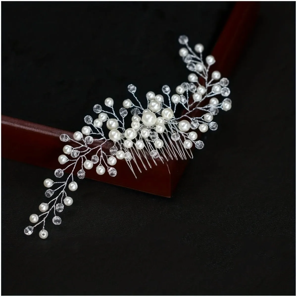 Bridal Crystal Hair Comb with Faux Pearls in Silvery Finish