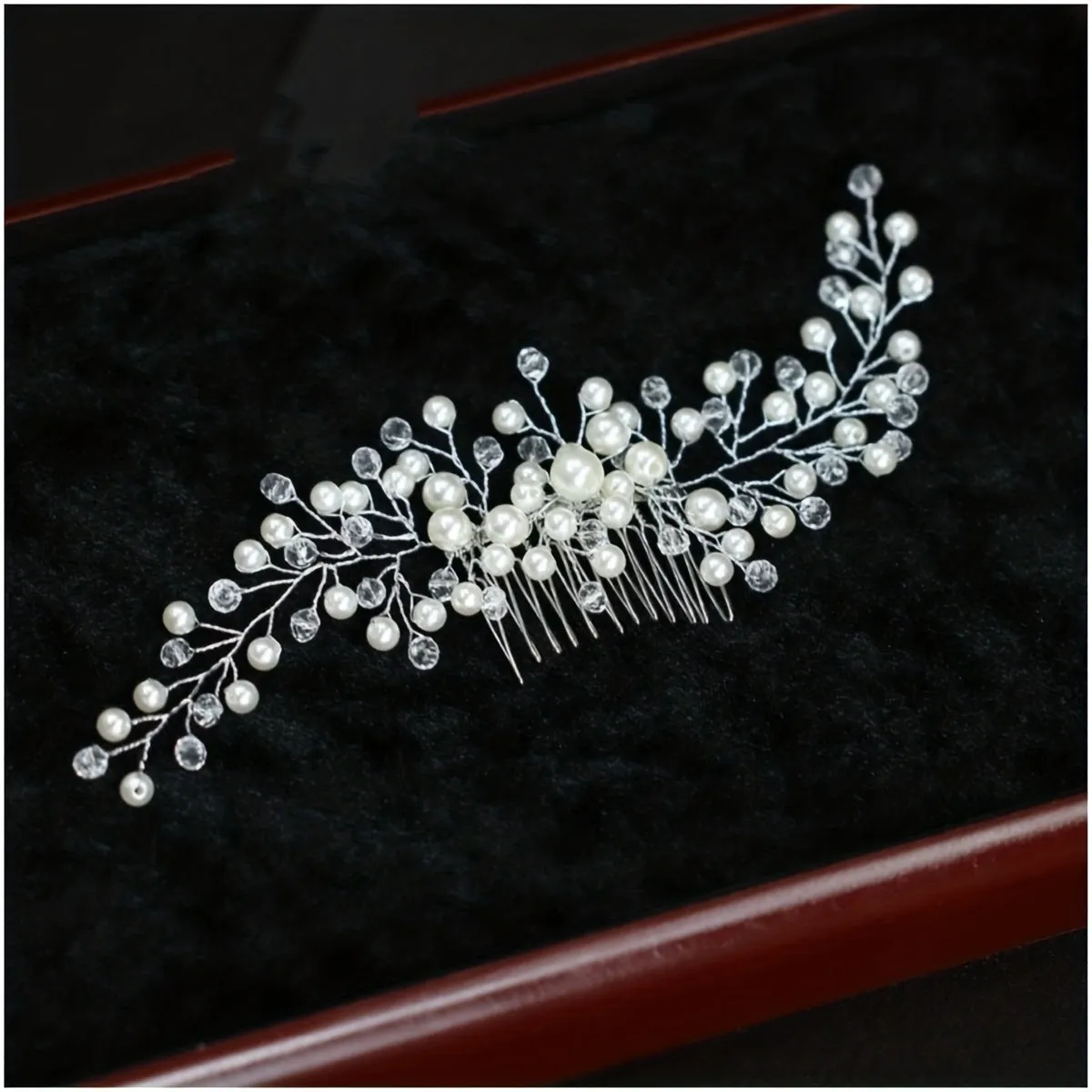 Bridal Crystal Hair Comb with Faux Pearls in Silvery Finish