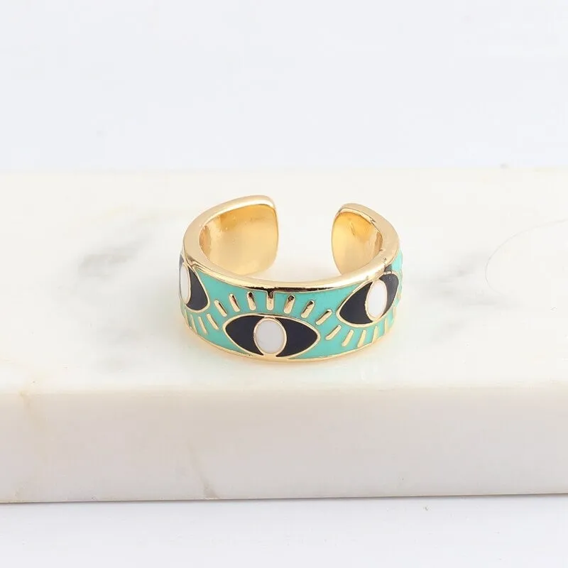 Bright-Colored Engraved Lucky Eyes Enamel Rings