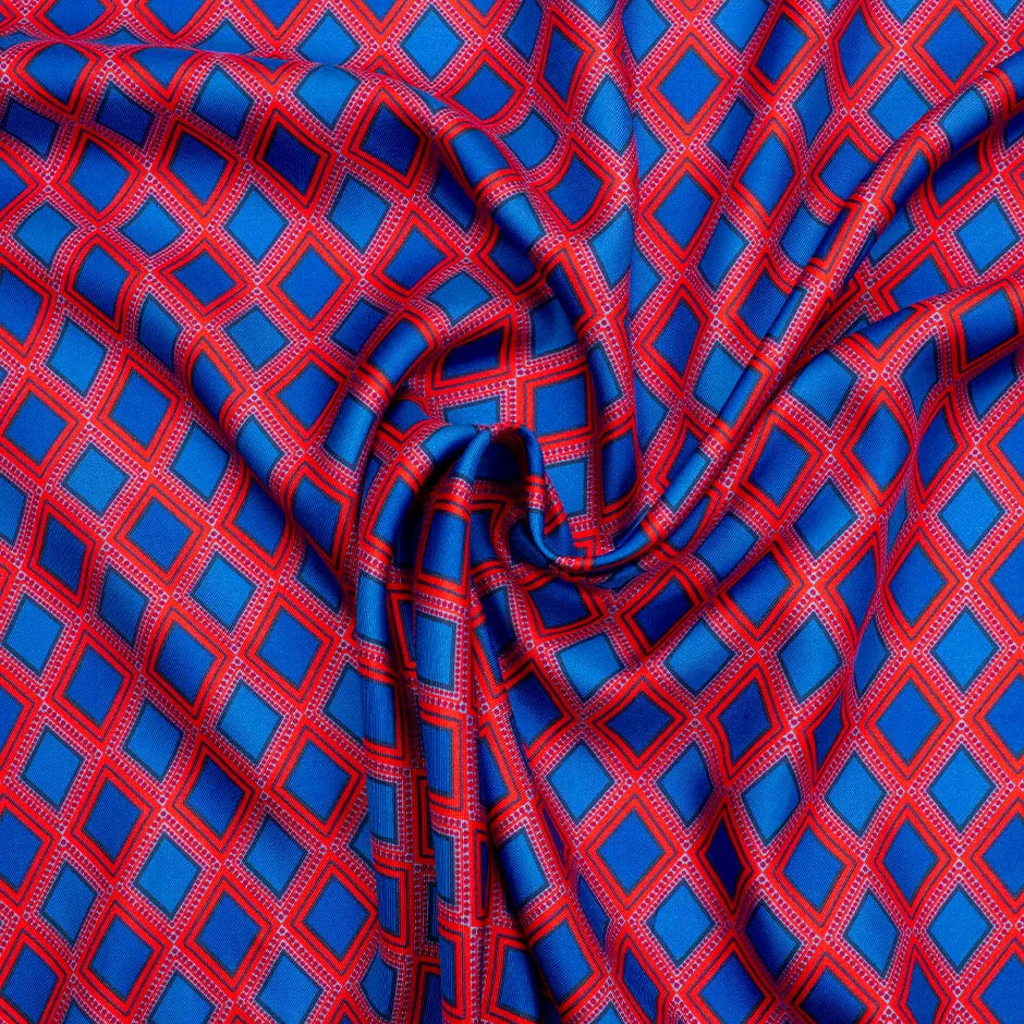 Bright Red & Royal Blue Rhombus Printed Silk Twill (A 2m Piece)