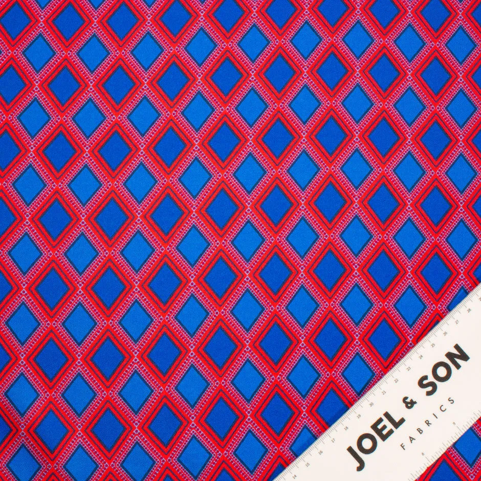 Bright Red & Royal Blue Rhombus Printed Silk Twill (A 2m Piece)