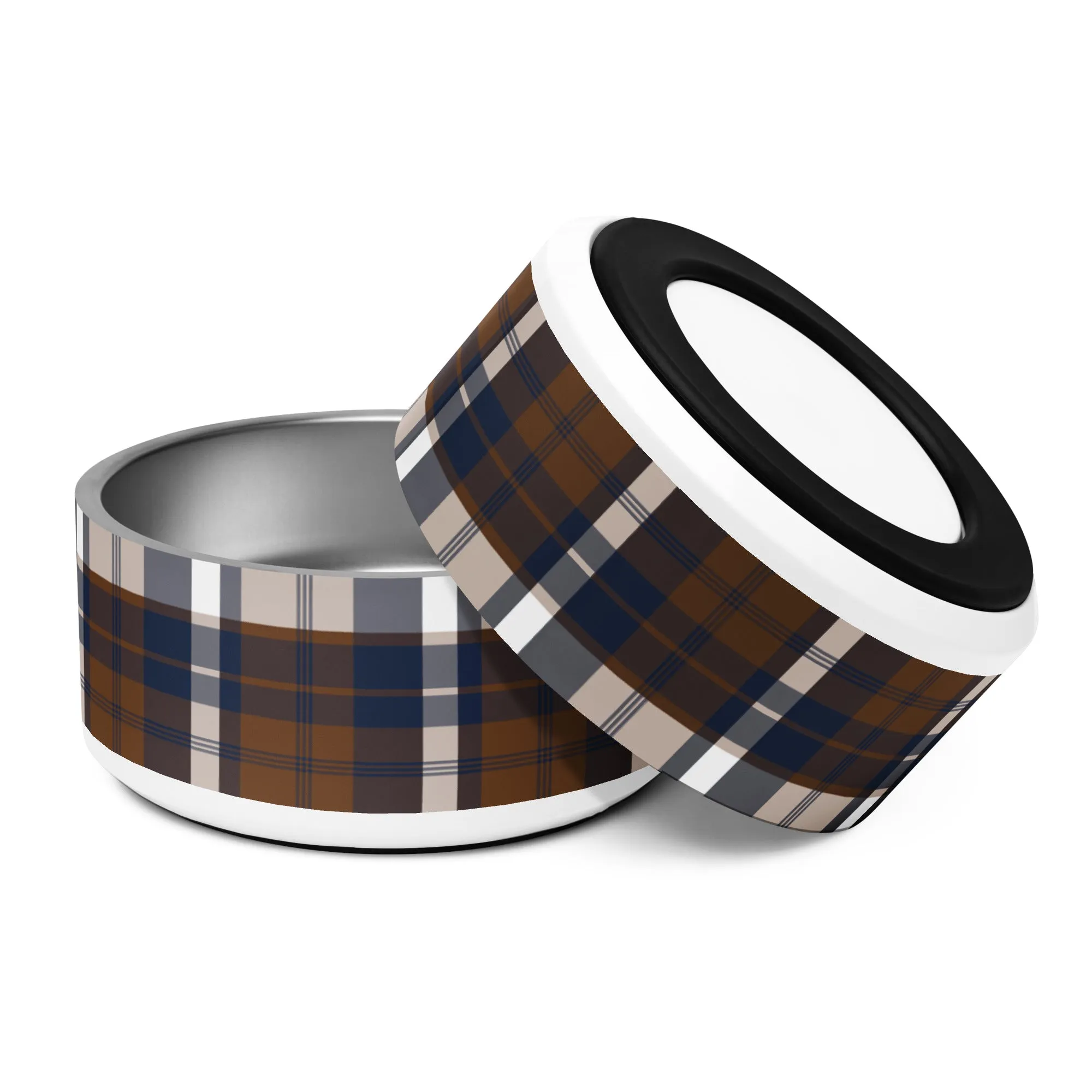 Brown and Navy Blue Preppy Plaid Pet Bowl