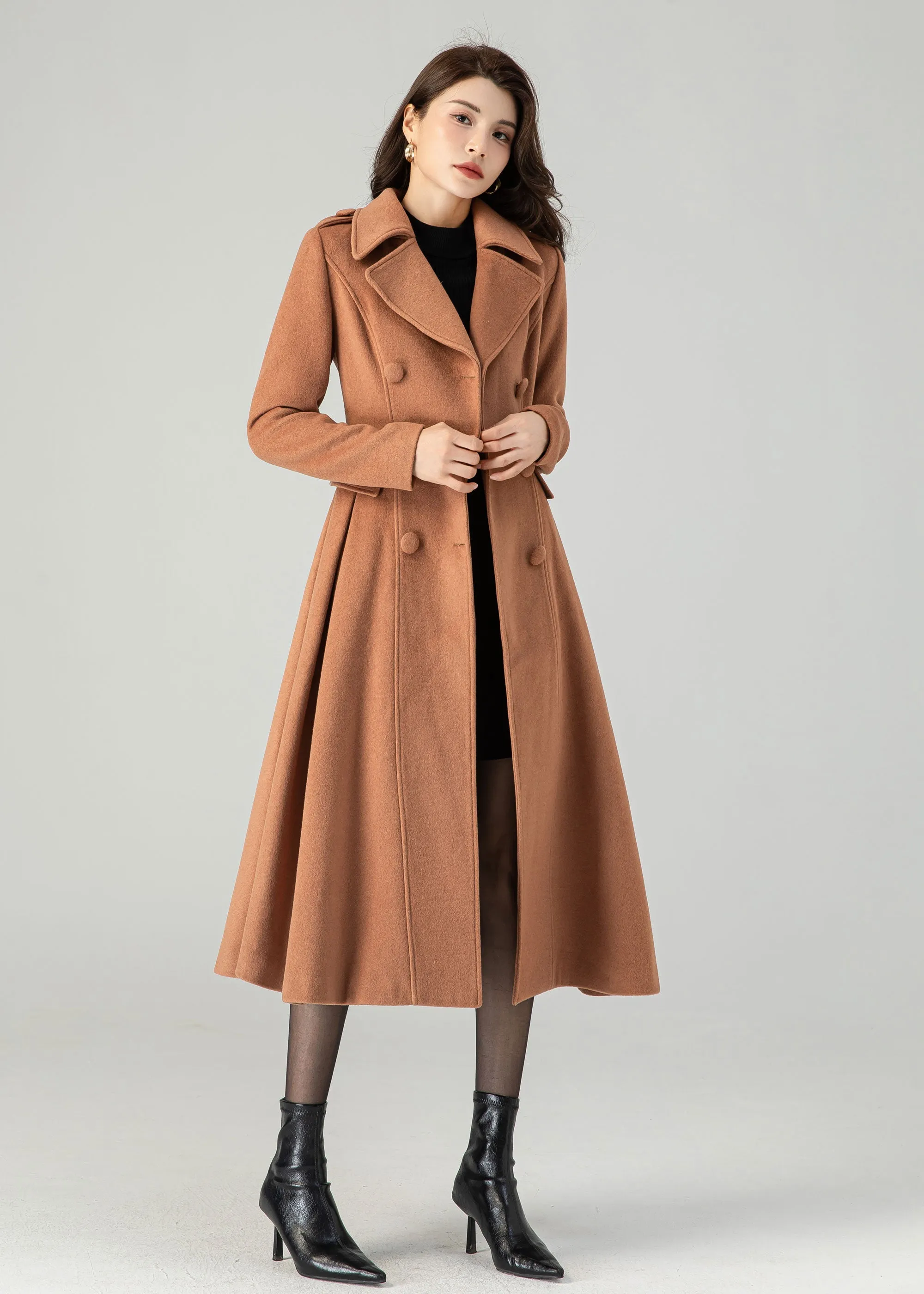 Brown double breasted winter wool coat for women C3619