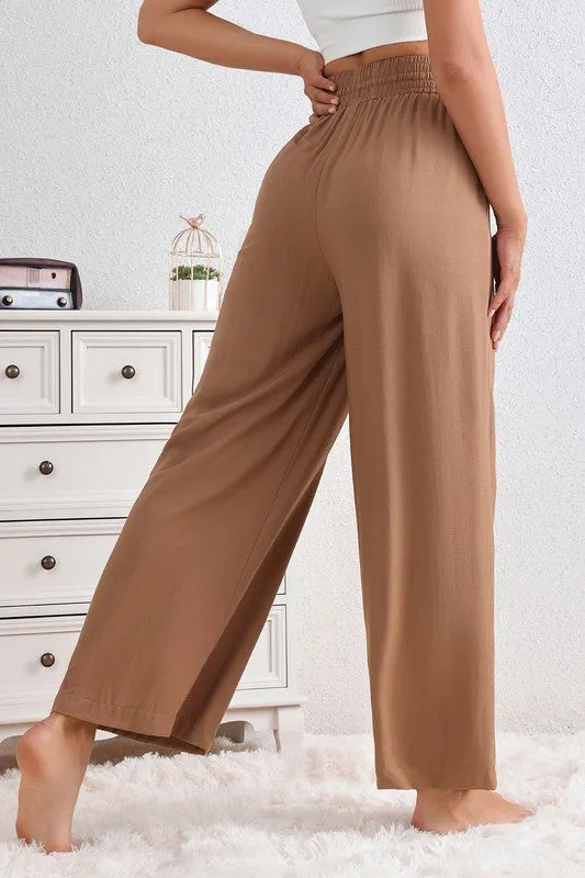 Brown Drawstring Elastic Waist Wide Leg Pants