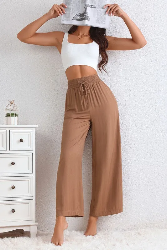 Brown Drawstring Elastic Waist Wide Leg Pants