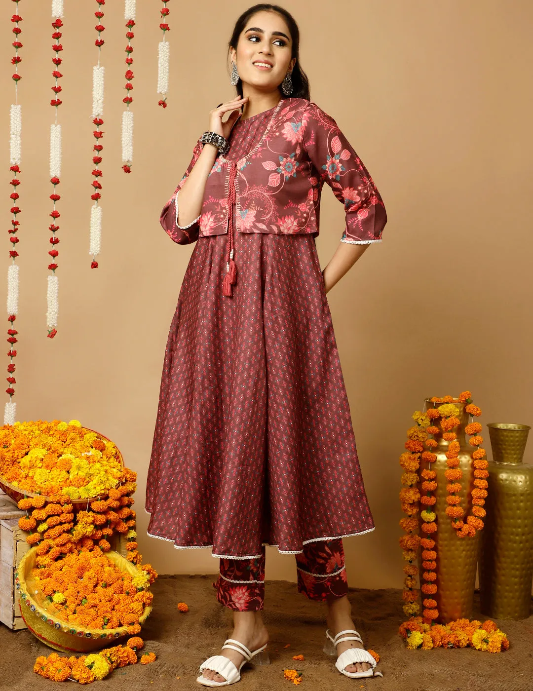 Brown Ethnic Print Flared Kurta With Shrug And Pants