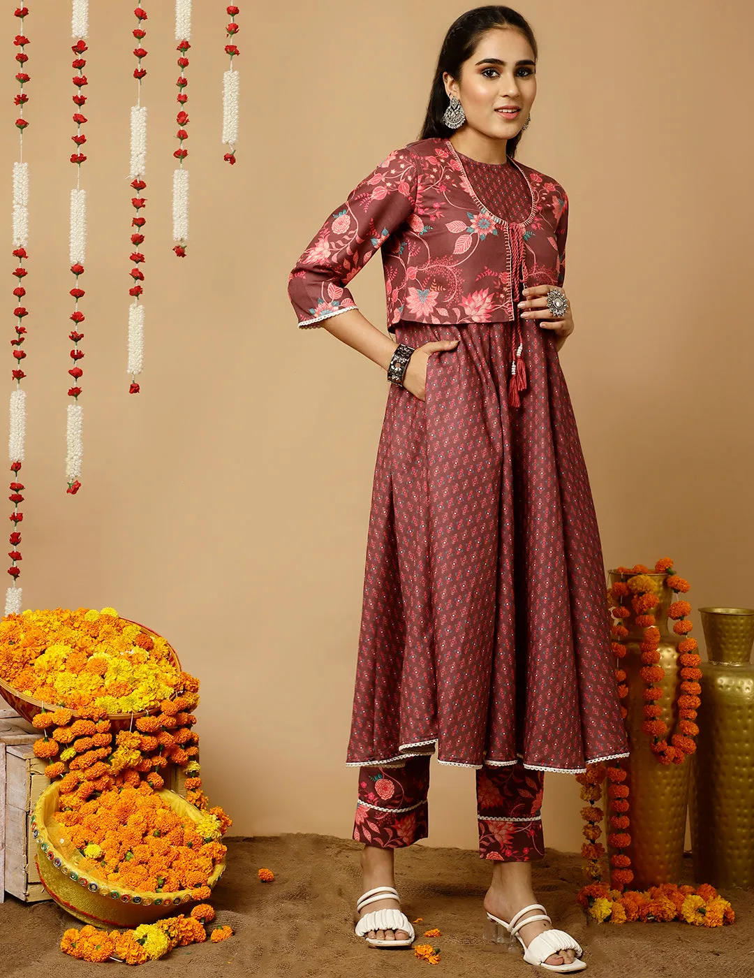 Brown Ethnic Print Flared Kurta With Shrug And Pants