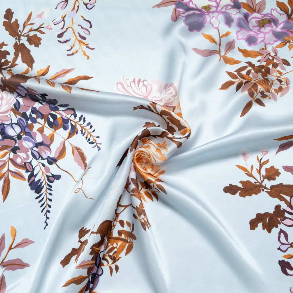 Brown Floral Printed Pale Blue Silk Charmeuse