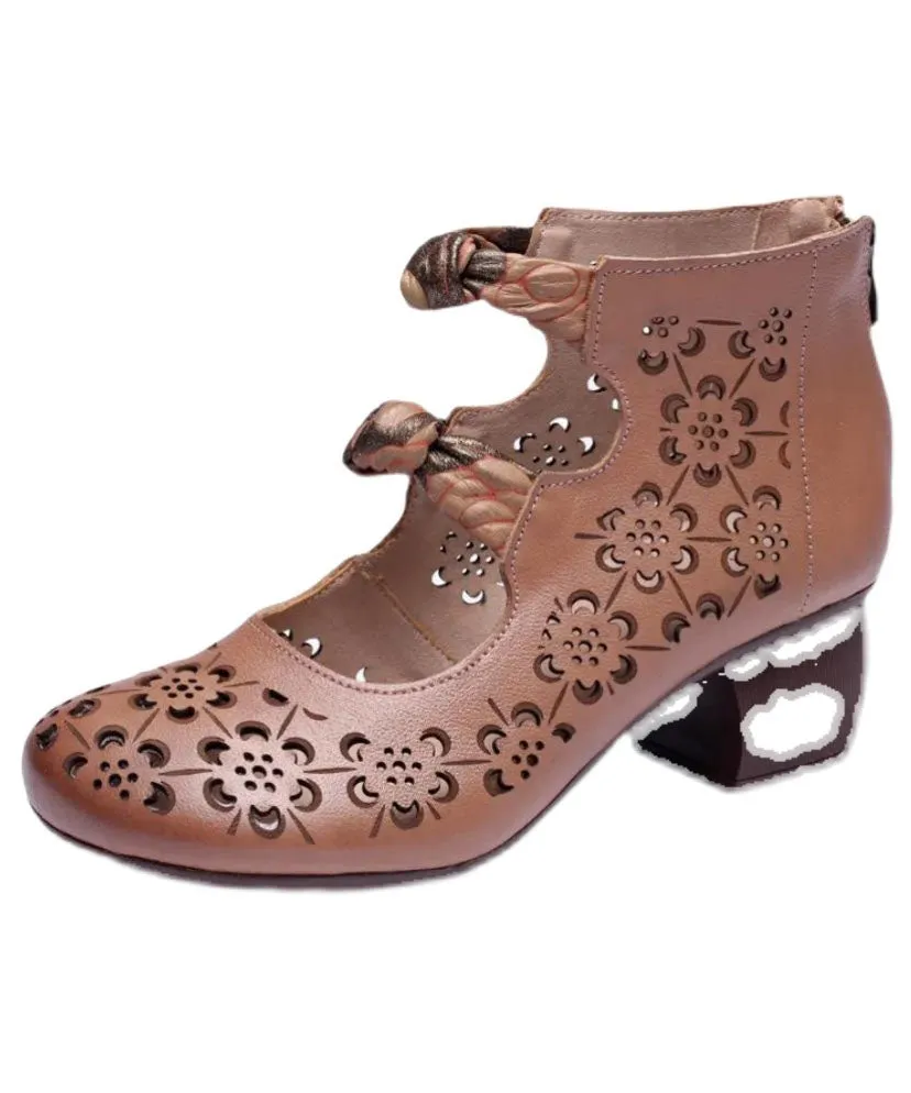 Brown High Heels Chunky Cowhide Leather Vintage Hollow Out High Heels LC0538