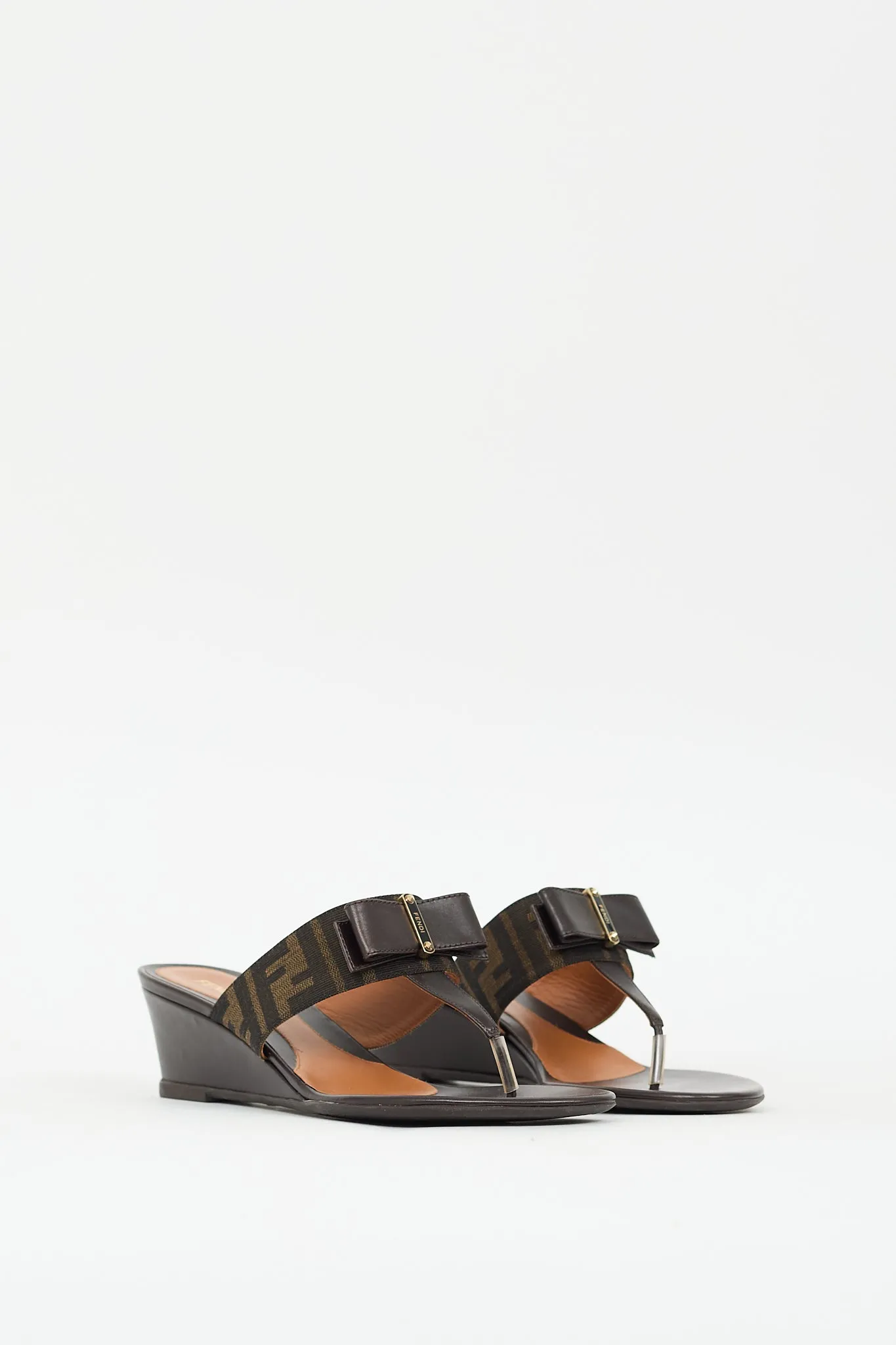 Brown Leather Zucca T-strap Wedge Sandal