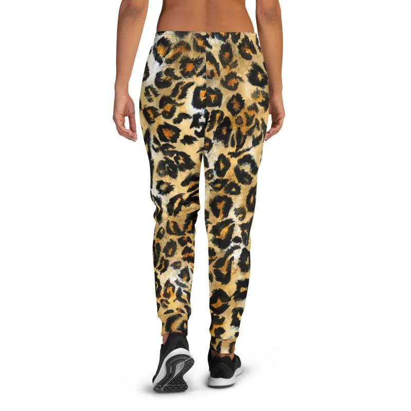 Brown Leopard Print Women's Joggers, Skinny Animal Print Ladies Soft Sweatpants-Made in EU