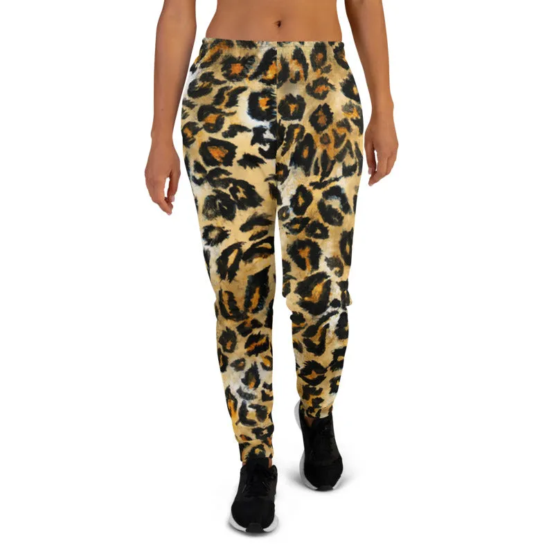 Brown Leopard Print Women's Joggers, Skinny Animal Print Ladies Soft Sweatpants-Made in EU