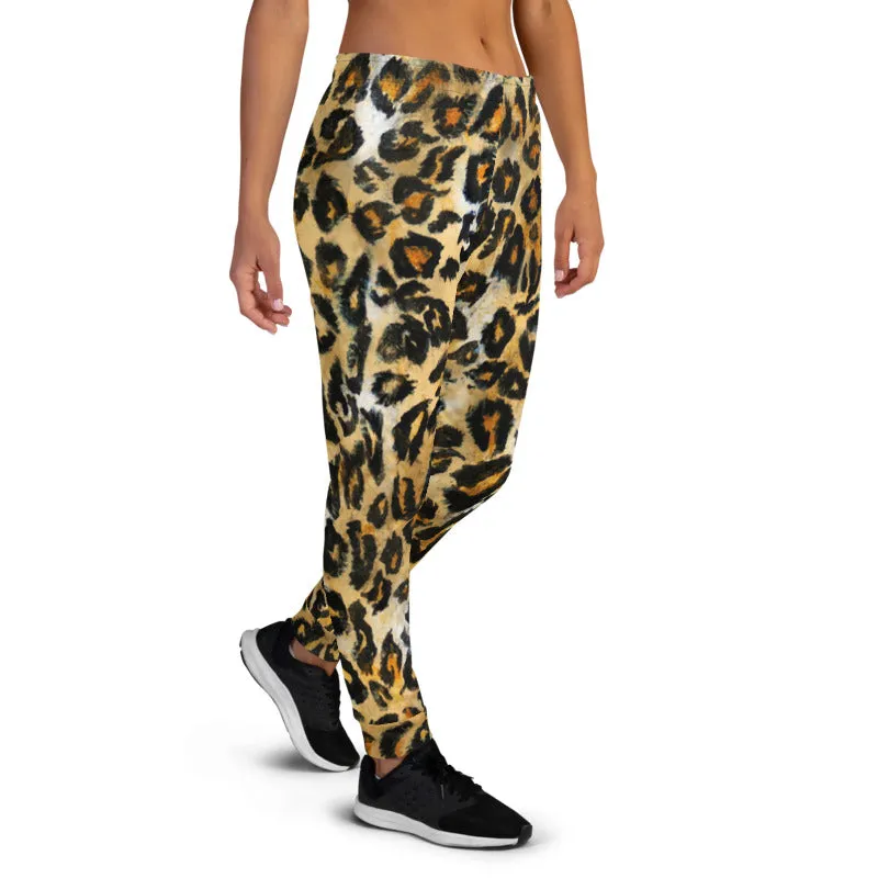 Brown Leopard Print Women's Joggers, Skinny Animal Print Ladies Soft Sweatpants-Made in EU