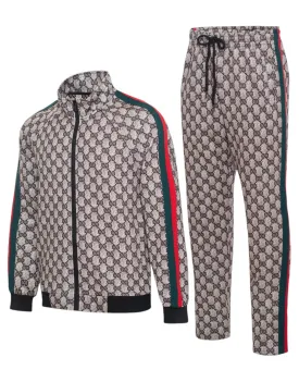 Brown Men's Tracksuit Jogging 2-Pieces Set Printed Material Red and Green Strips Style No: MTK08