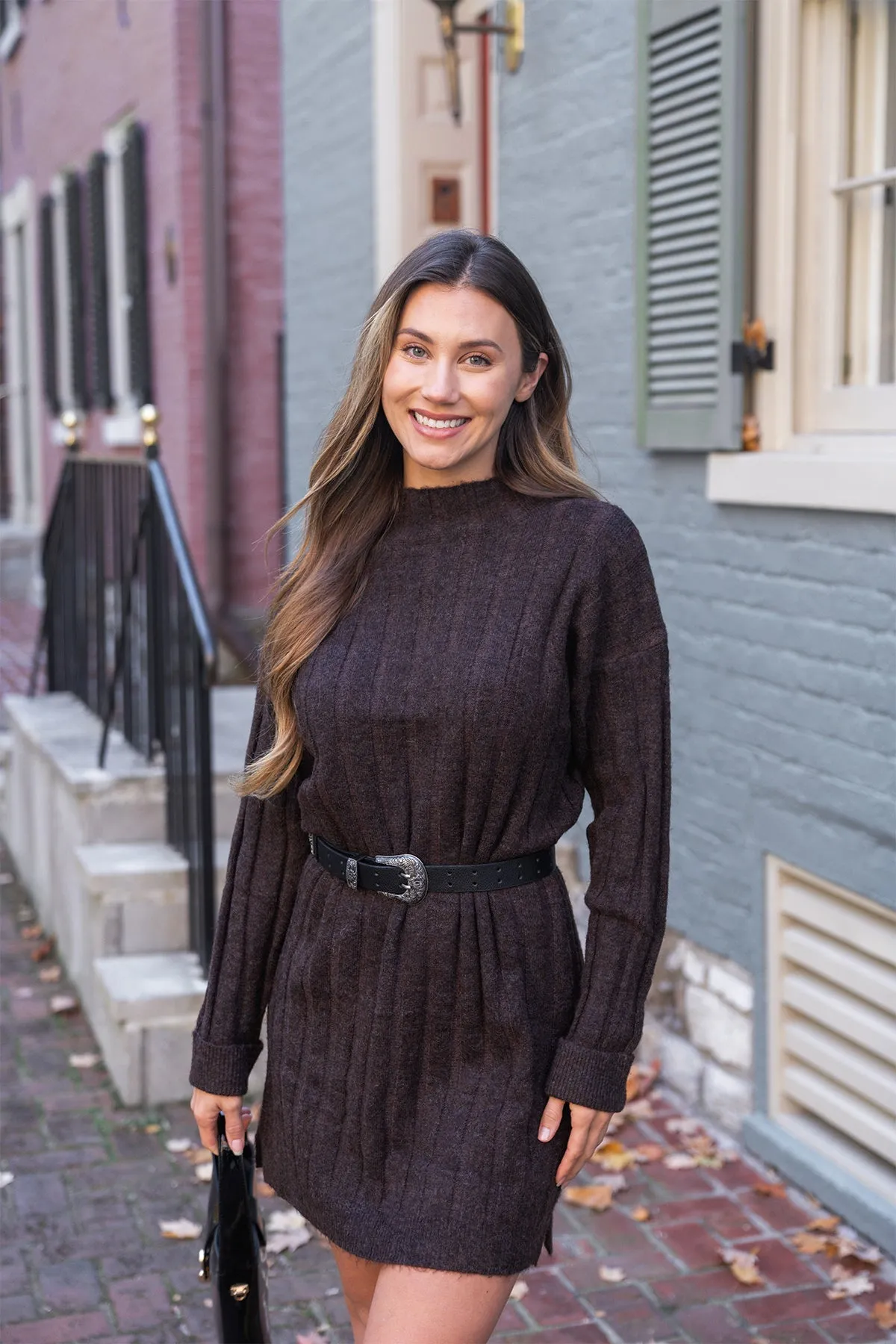 Brown Mock Neck Sweater Dress