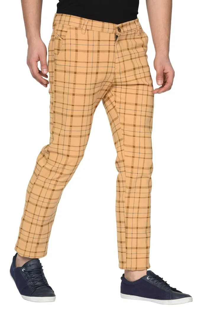 Brown Stretchable Slim Fit checked casual Trousers for Men's