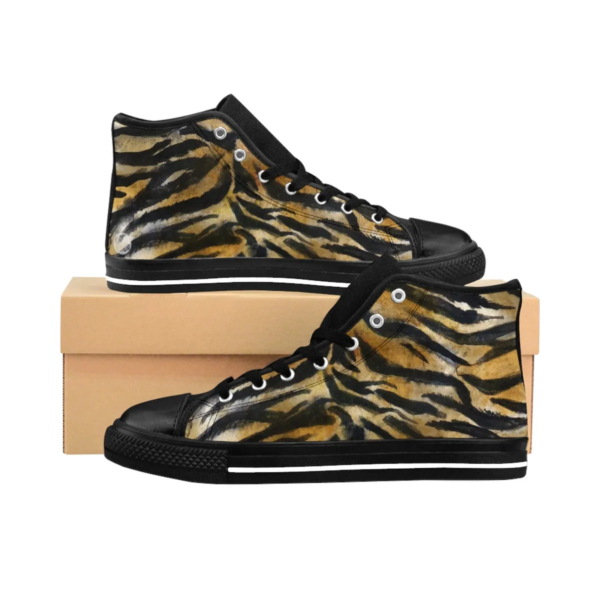 Brown Tiger Striped Men's Sneakers, Best Wild Fierce Tiger Striped Animal Print Pattern Designer Men's High Top Sneakers Shoes