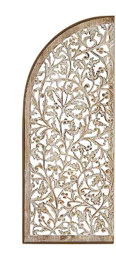 BROWN WOODEN FLORAL HANDMADE ARCHED WALL DECOR WITH INTRICATE CARVINGS