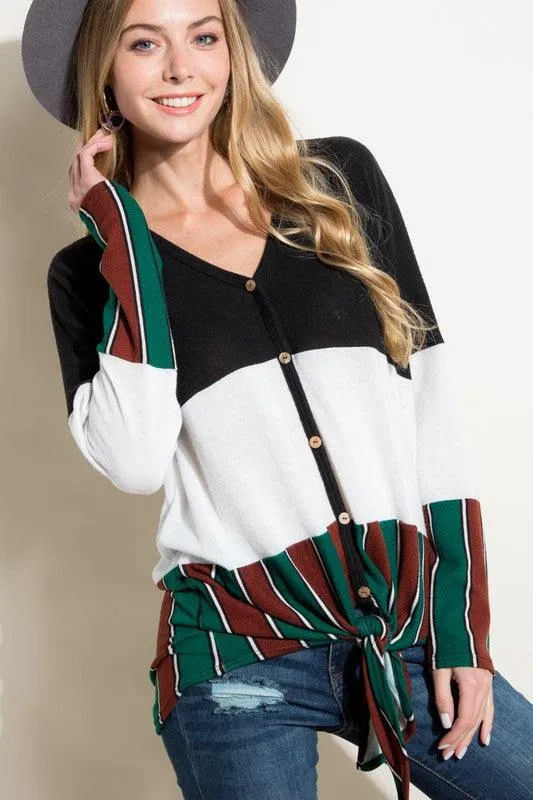 Brushed Mixed Striped Solid Waist Tie Top