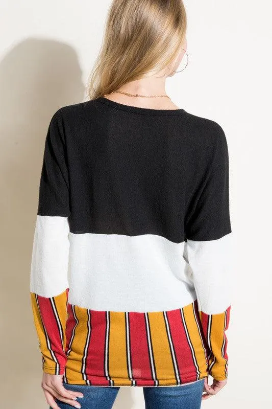 Brushed Mixed Striped Solid Waist Tie Top