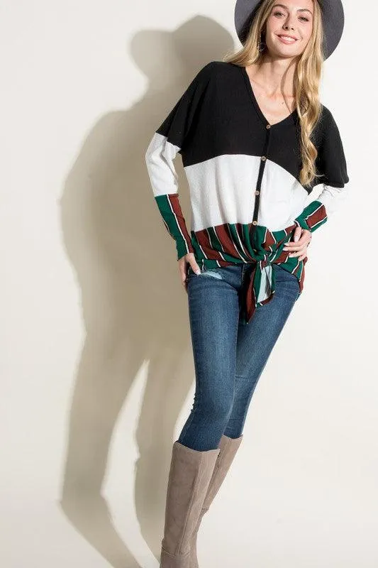 Brushed Mixed Striped Solid Waist Tie Top