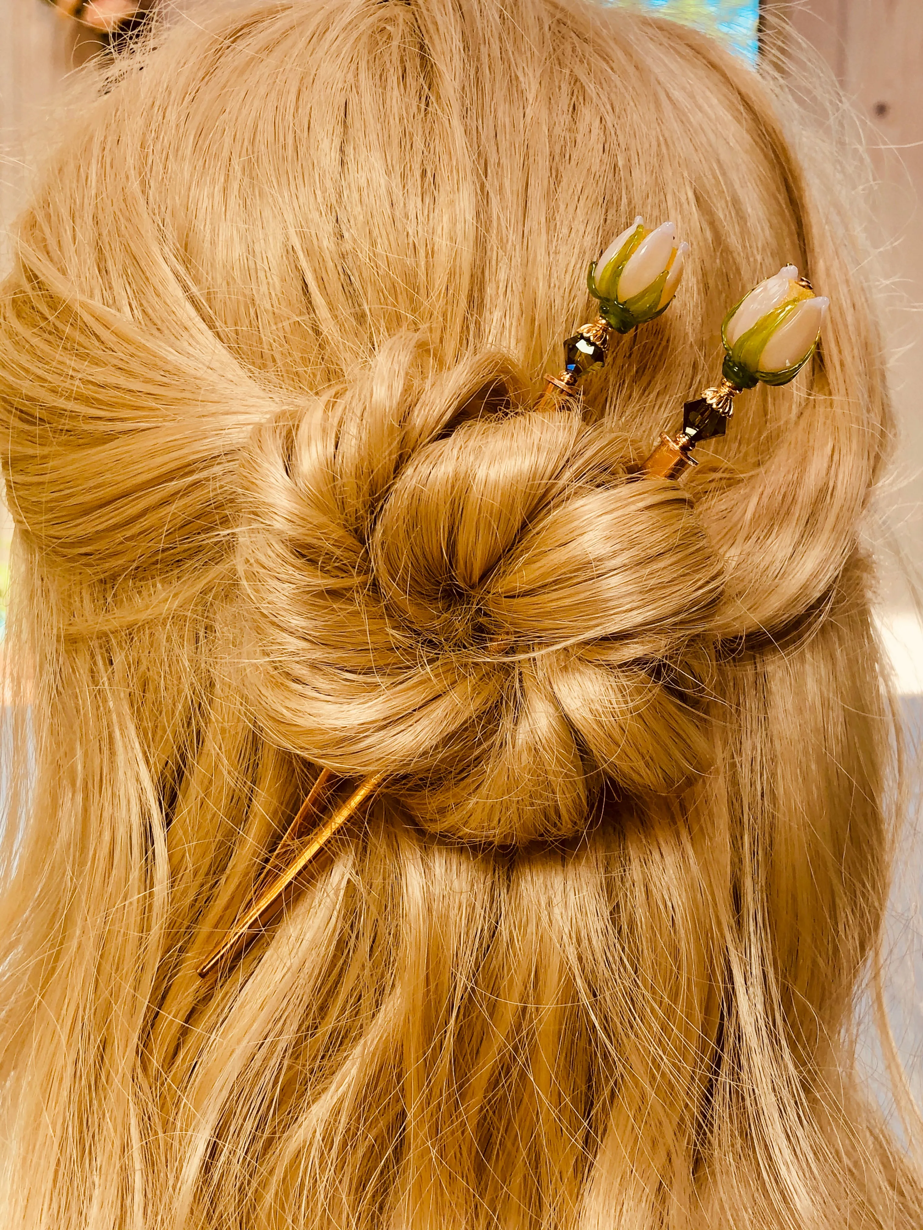 Budding Blooms Gold Art glass hair stick, hand made flower hair stick, shawl pin, sweater pin,