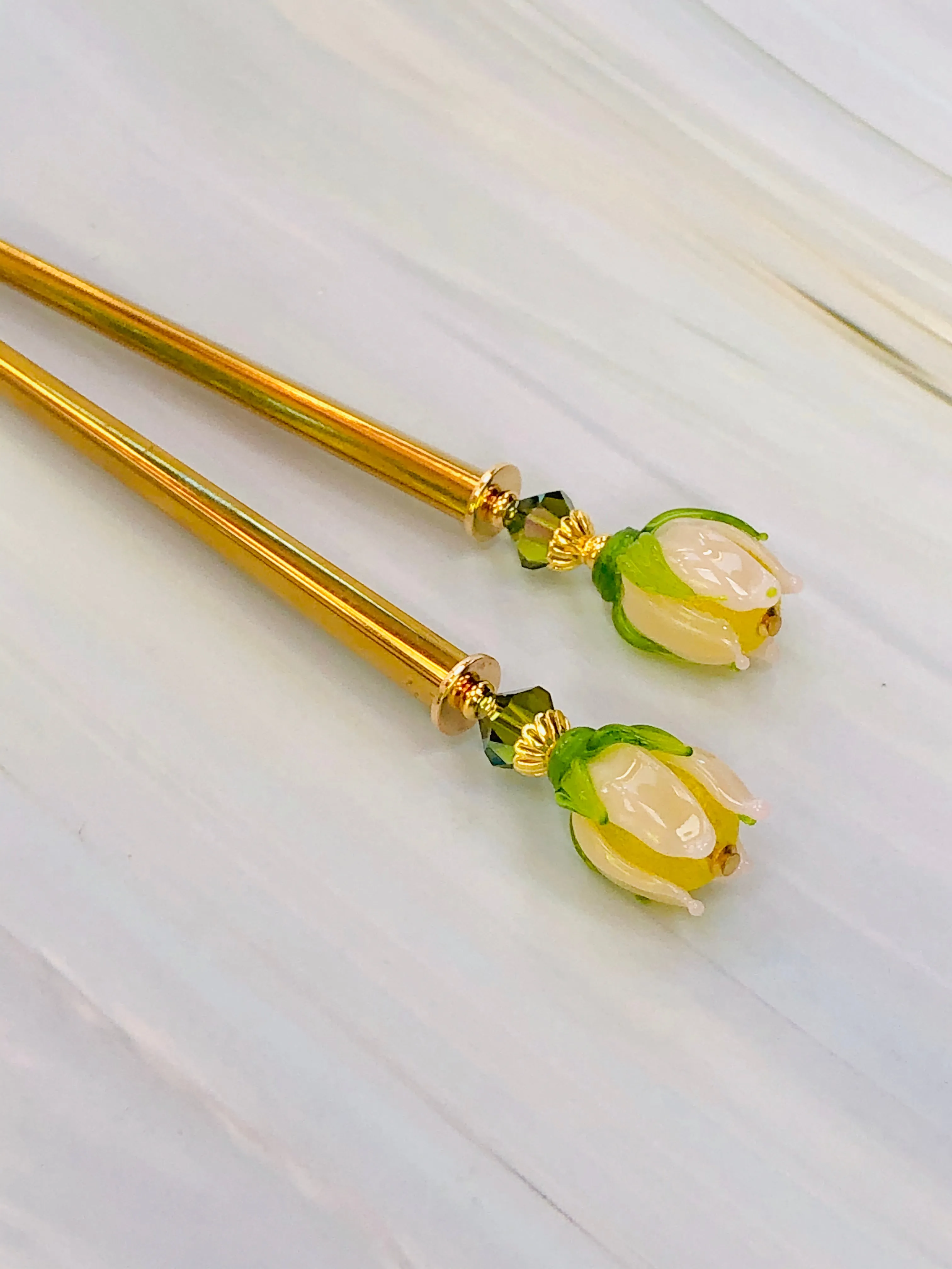 Budding Blooms Gold Art glass hair stick, hand made flower hair stick, shawl pin, sweater pin,