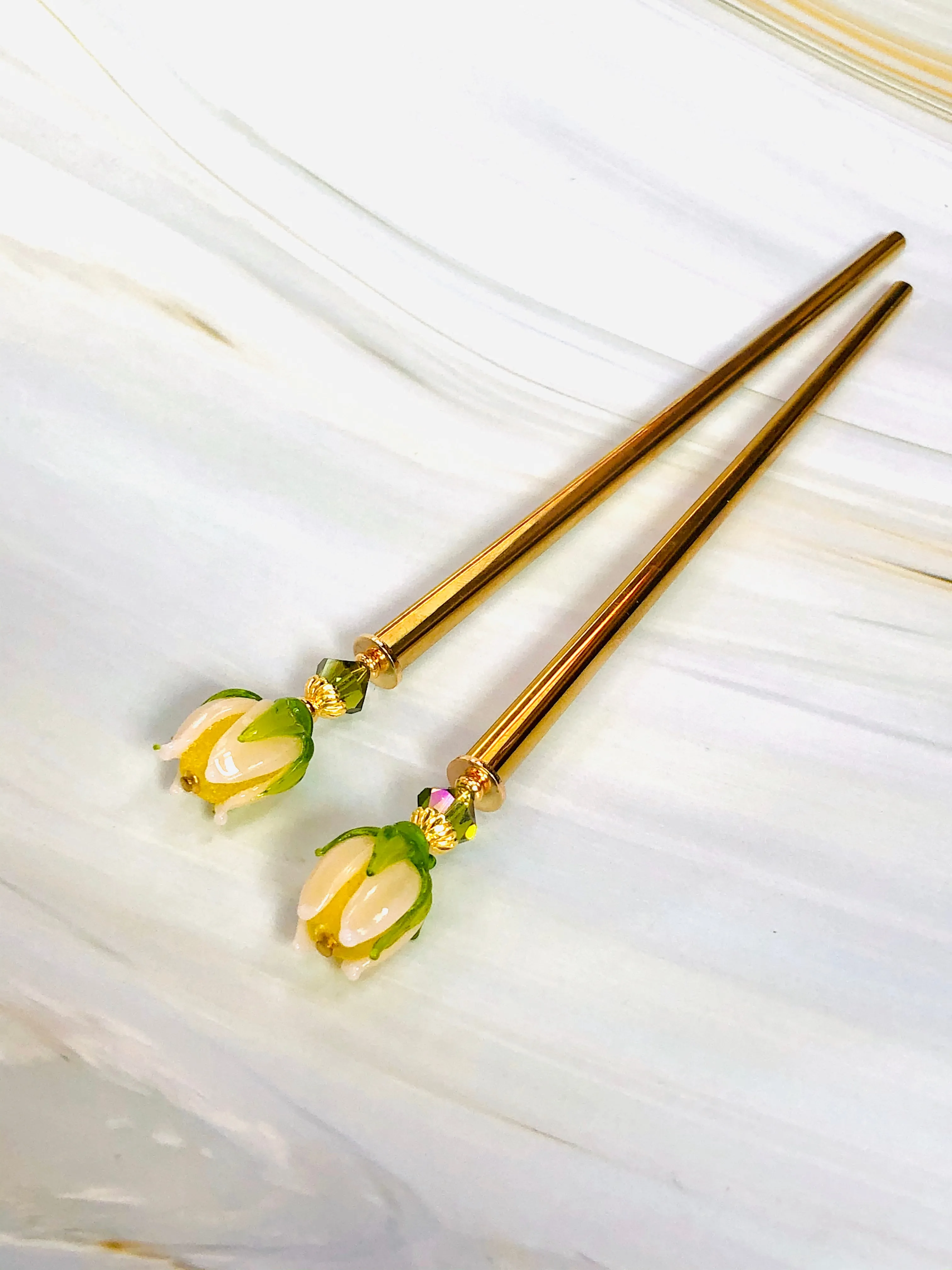 Budding Blooms Gold Art glass hair stick, hand made flower hair stick, shawl pin, sweater pin,