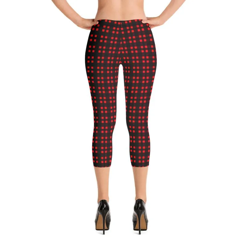 Buffalo Red Plaid Capris Tights, Scottish Style Print Women's Capri Leggings Pants Fashion Tights- Made in USA/ EU