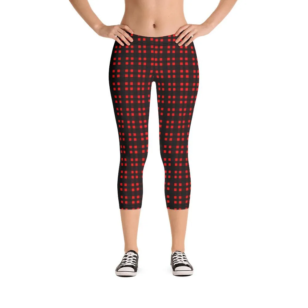 Buffalo Red Plaid Capris Tights, Scottish Style Print Women's Capri Leggings Pants Fashion Tights- Made in USA/ EU