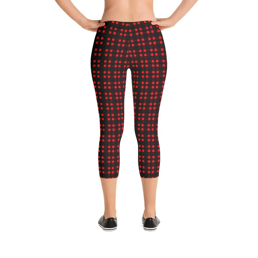 Buffalo Red Plaid Capris Tights, Scottish Style Print Women's Capri Leggings Pants Fashion Tights- Made in USA/ EU