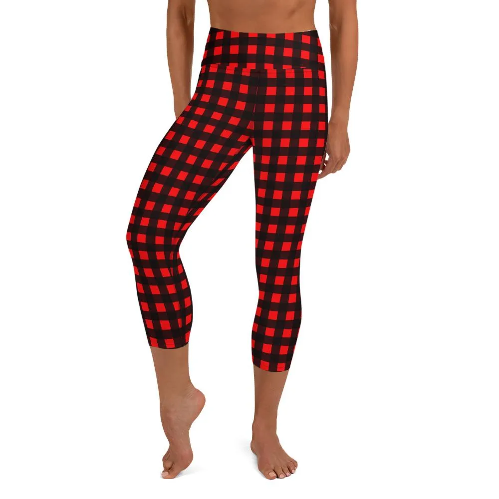 Buffalo Red Plaid Print Capris Tights, Women's Designer Yoga Capri Leggings Pants- Made in USA/ EU