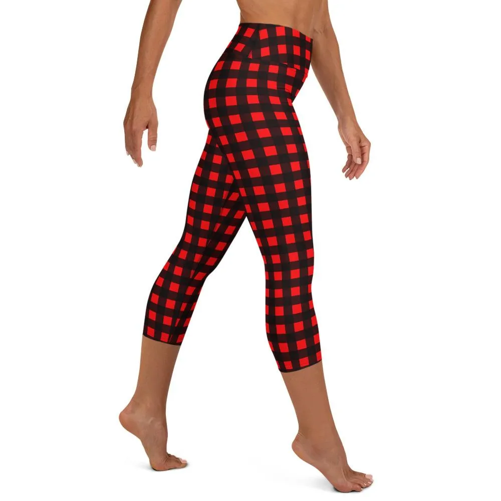 Buffalo Red Plaid Print Capris Tights, Women's Designer Yoga Capri Leggings Pants- Made in USA/ EU