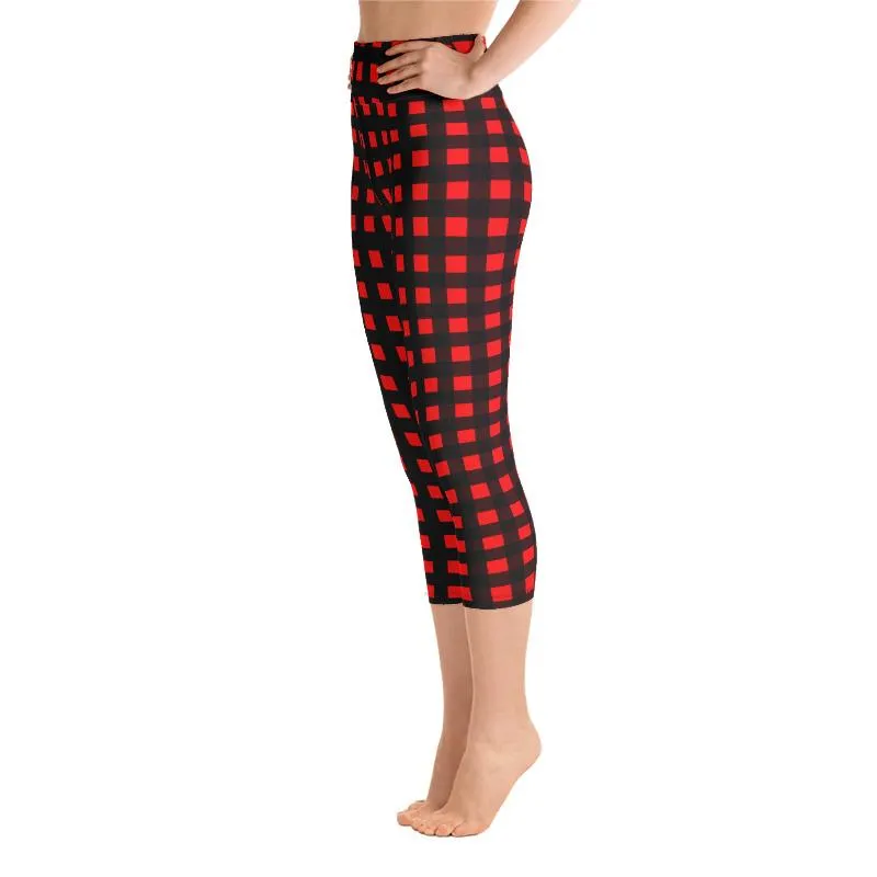 Buffalo Red Plaid Print Capris Tights, Women's Designer Yoga Capri Leggings Pants- Made in USA/ EU