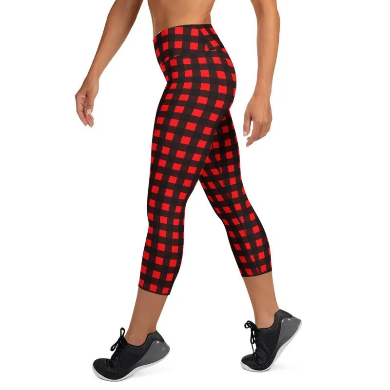 Buffalo Red Plaid Print Capris Tights, Women's Designer Yoga Capri Leggings Pants- Made in USA/ EU