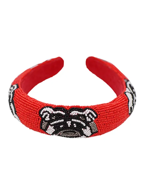 Bulldog Beaded Fashion Headband - Red