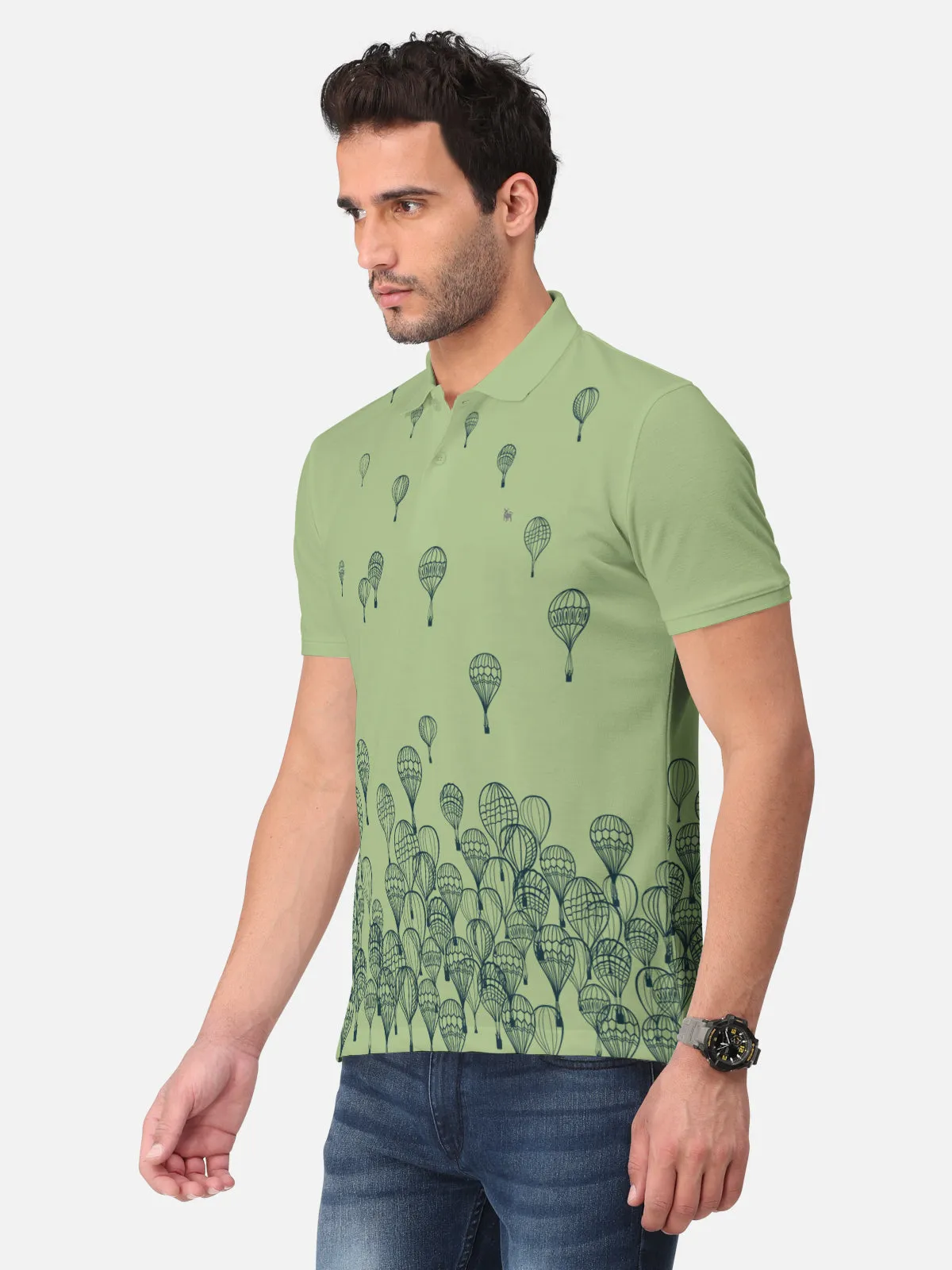 BULLMER Jade Green Trendy Printed Half Sleeve Polo T-shirt for Mens