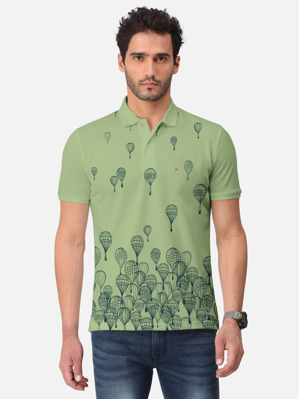 BULLMER Jade Green Trendy Printed Half Sleeve Polo T-shirt for Mens