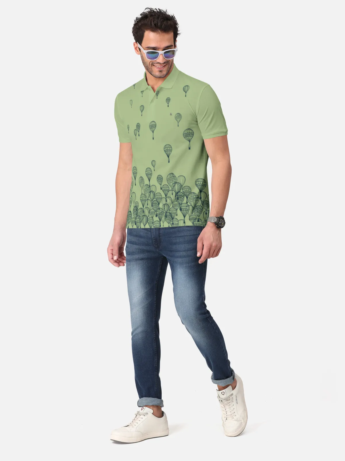 BULLMER Jade Green Trendy Printed Half Sleeve Polo T-shirt for Mens