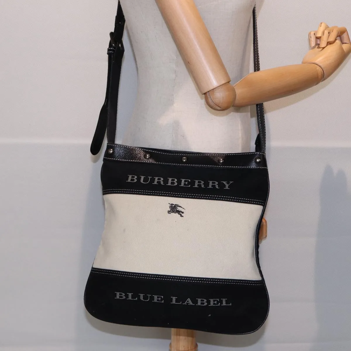 BURBERRY Blue Label Shoulder Bag Canvas Black White Silver  bs17299