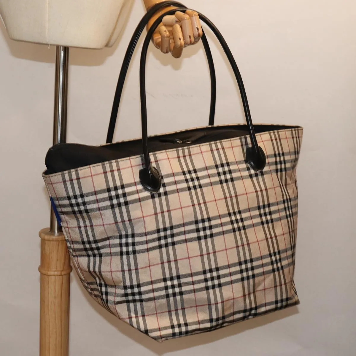 BURBERRY Nova Check Blue Label Tote Bag Nylon Beige  am6318