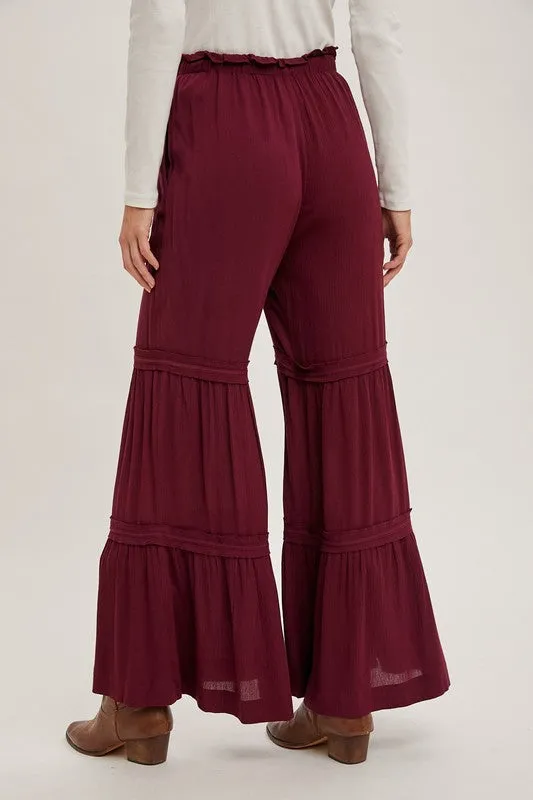 Burgundy Drawstring Waist Tiered Palazzo Pants