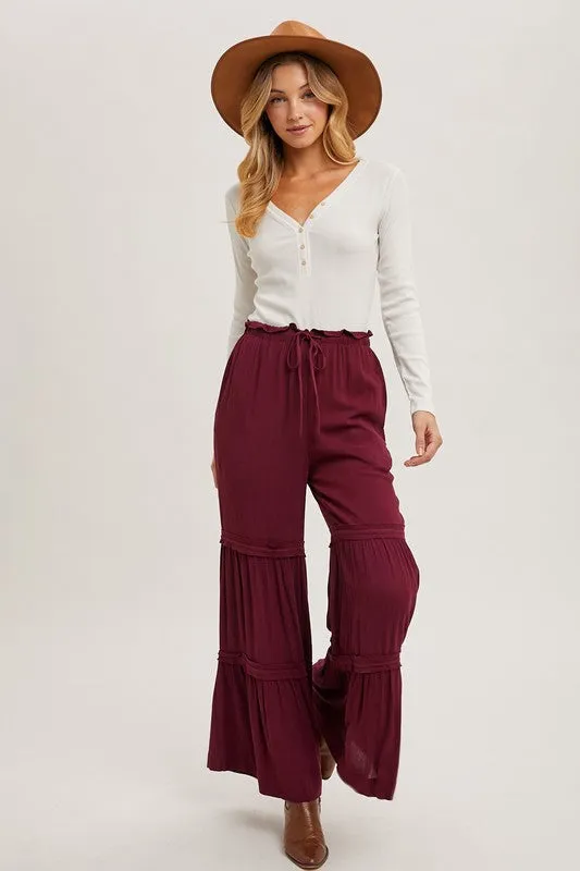 Burgundy Drawstring Waist Tiered Palazzo Pants