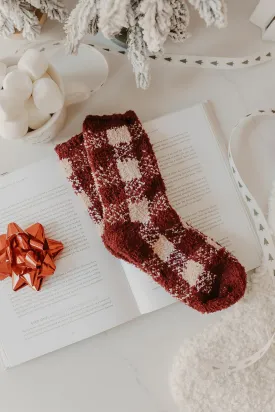 Burgundy Gingham Plaid Fuzzy Socks - FINAL SALE