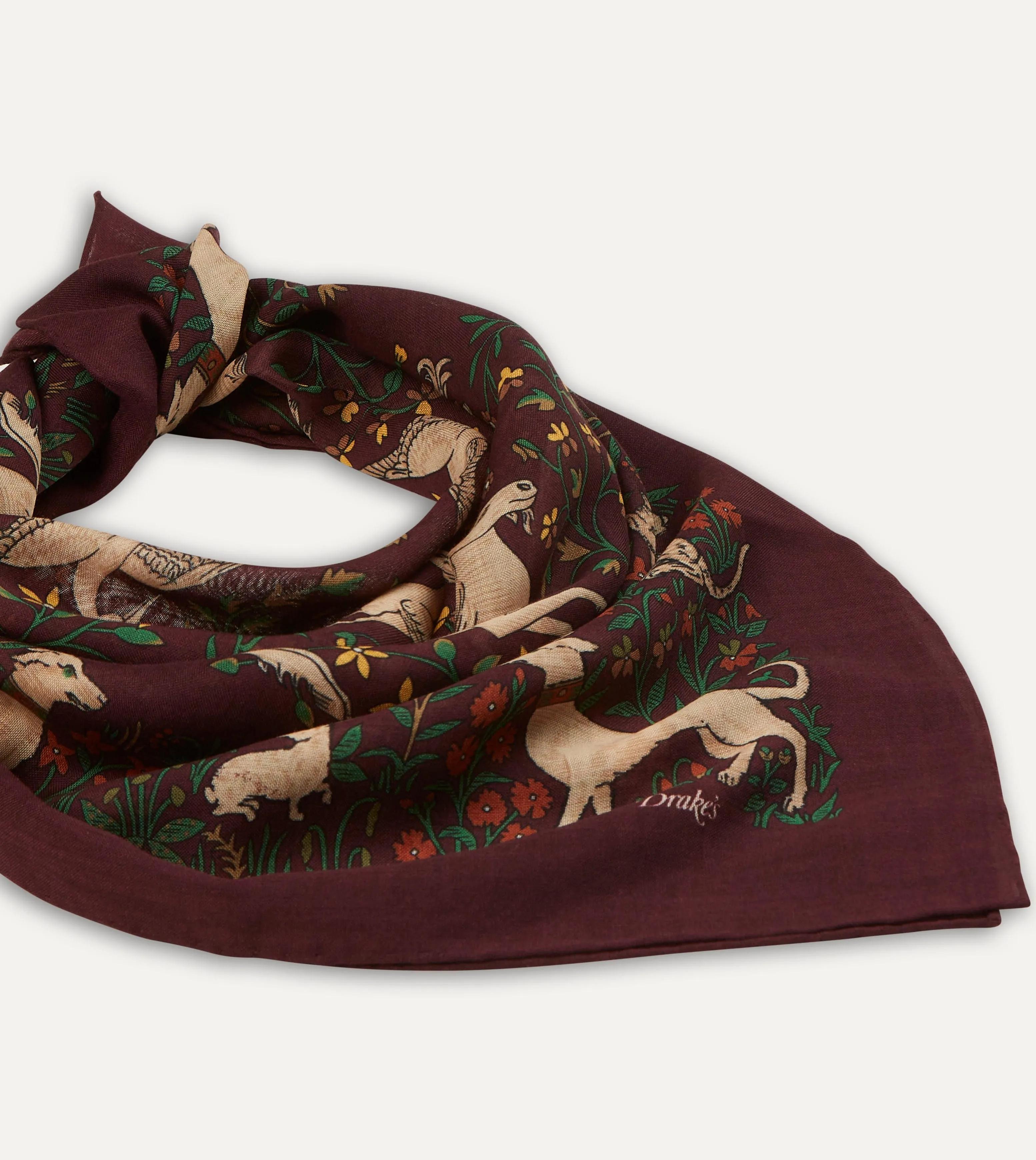 Burgundy Unicorn Print Wool-Silk Square Scarf