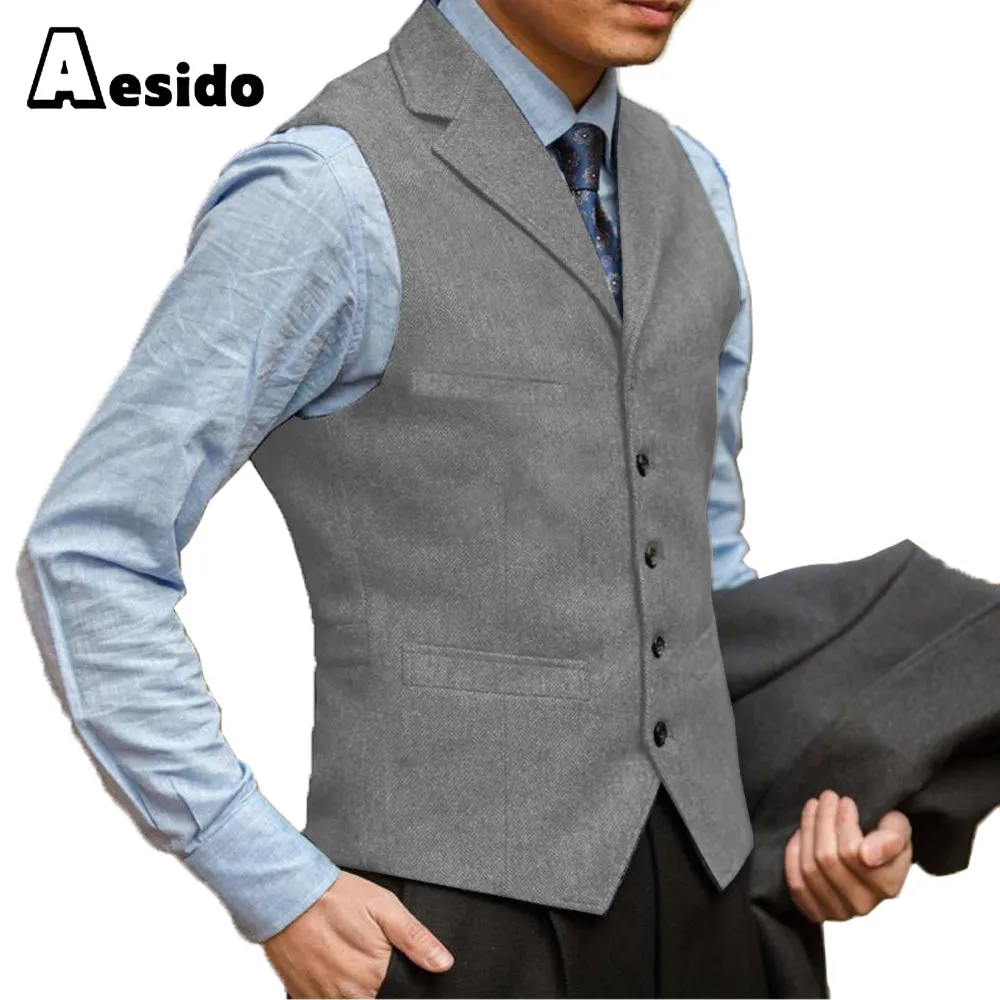 Business Men's Suit Vest Herringbone Notch Lapel Waistcoat