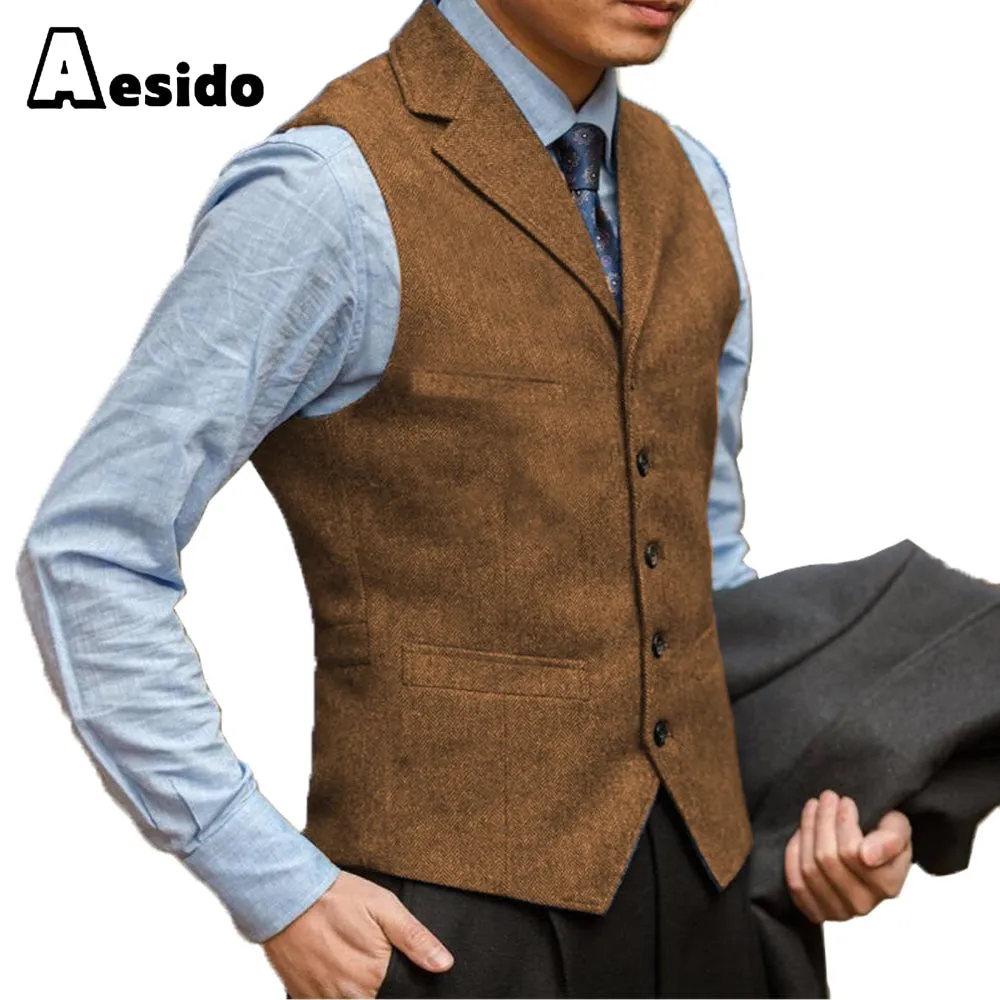 Business Men's Suit Vest Herringbone Notch Lapel Waistcoat