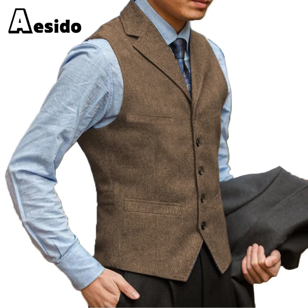 Business Men's Suit Vest Herringbone Notch Lapel Waistcoat