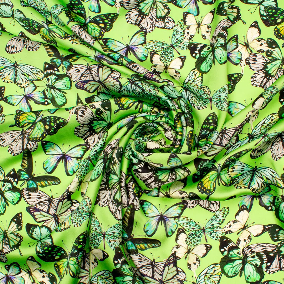 Butterfly Printed Green Silk Satin