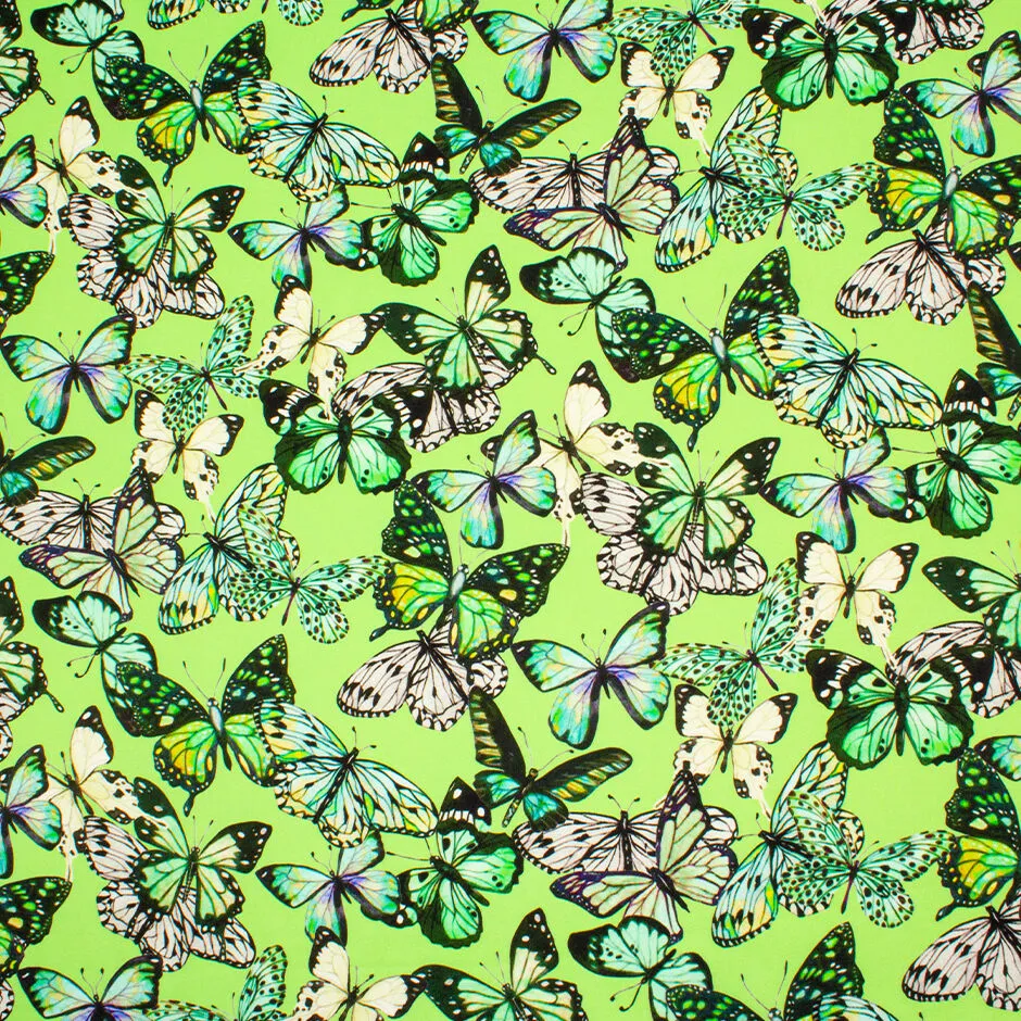 Butterfly Printed Green Silk Satin